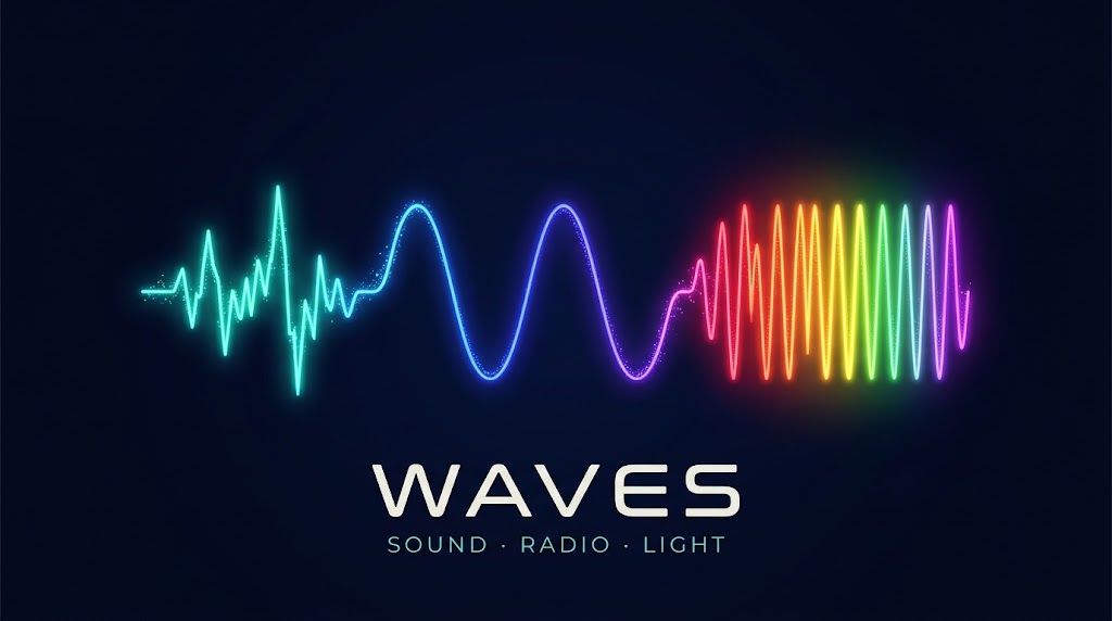 waves: sound, radio, light. A glowing wave that tightens from teal to blue to a rainbow.